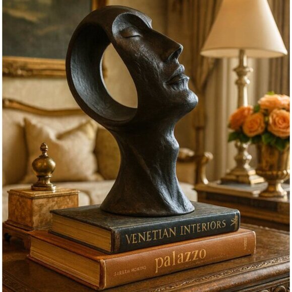 NWT 12" Contemporary Black Textured Face Contemporary Sculpture - Picture 1 of 6